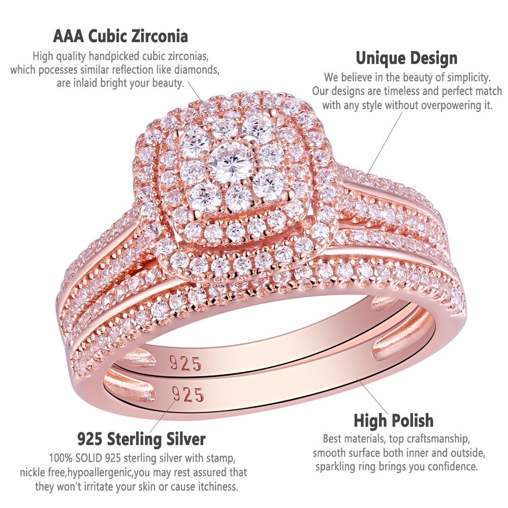 Rose Gold Color - Wedding Rings - 925 Sterling Silver Bridal Set 1.6Ct 5A CZ