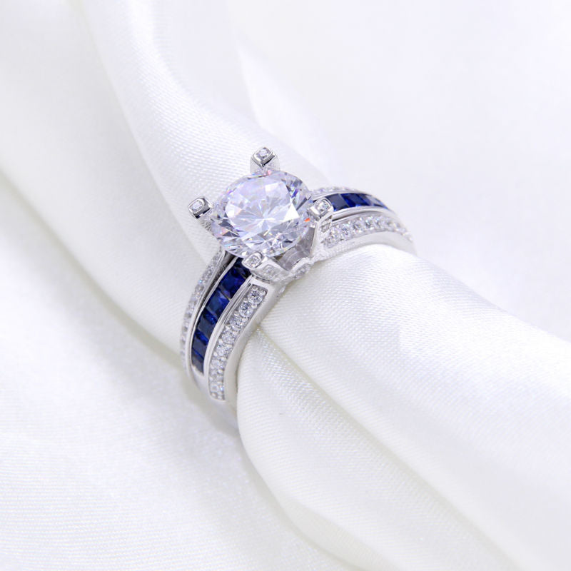 Sterling Silver Bridal Sets - 1.8 Ct BOLD Round Cut Blue sides - 5A CZ