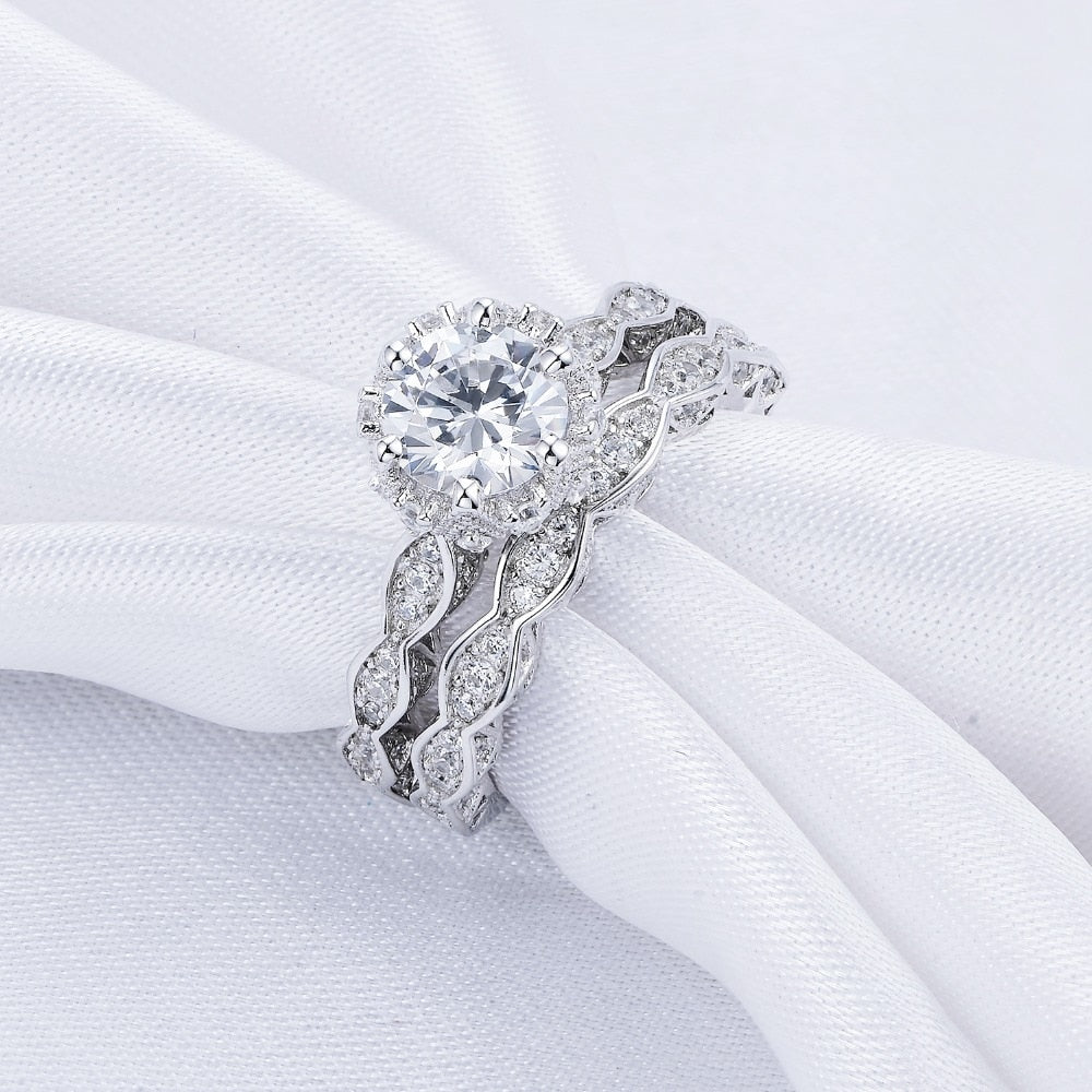 2.6 Ct Vintage Ring Set White Rnd Cut 5A Zirconia - 925 Sterling Silver