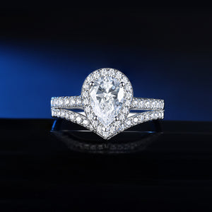 Halo Pear Cut Victory Ring Set - AAAAA Zirconia - 925 Sterling Silver