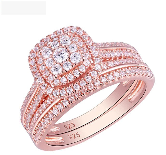 Rose Gold Color - Wedding Rings - 925 Sterling Silver Bridal Set 1.6Ct 5A CZ