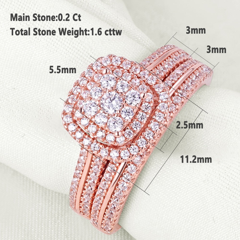 Rose Gold Color - Wedding Rings - 925 Sterling Silver Bridal Set 1.6Ct 5A CZ