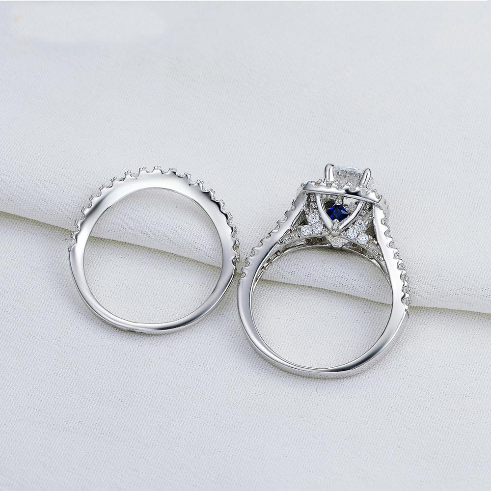 Sterling Silver Designer Ring Sets - Victorian Style Blue Side Stones -AAA CZ